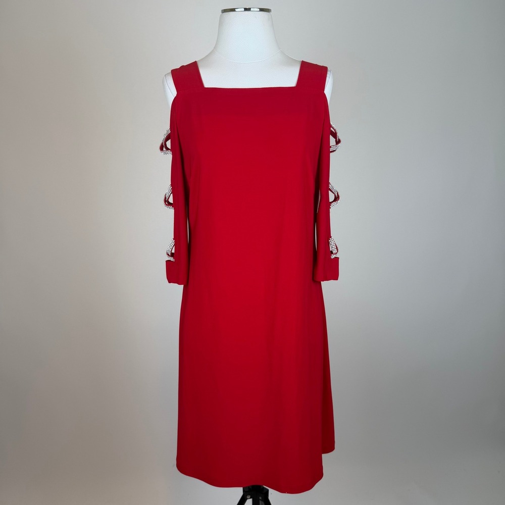 NWD MSK Red Rhinestone Cold Shoulder Shift Cocktail Dress Sz Medium Formal Party